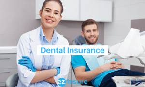 dental insurance text overlaying image of a dentist sitting next to a patient in her exam chair