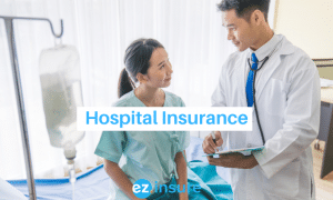 hospital insurance text overlaying image of a patient sitting in a hospital bed talking to her doctor