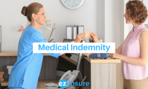 medical indemnity text overlaying image of a patient handing her card to a medical receptionist 