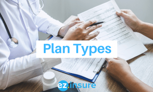 Plan types text overlaying image of doctor showing paperwork to a patient