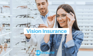 Vision insurance text overlaying image of a patient trying on glasses and a doctor helping her