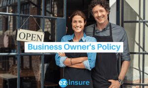 Business Owner's Policy text overlaying image of a man and a woman next to their restaurant