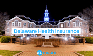 Delaware health insurance text overlaying image of Delaware capital building at night