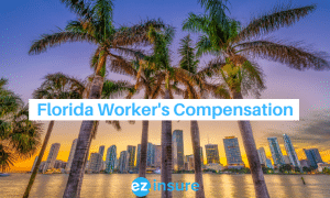 florida workers compensation text overlaying image of miami skyline behind palm trees