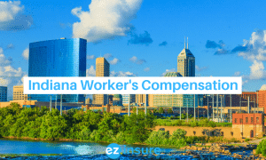 Indiana worker's compensation text overlaying image of Indianapolis skyline