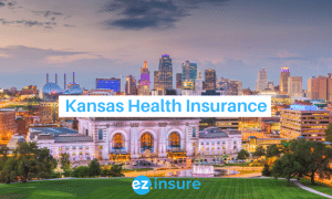Kansas health insurance text overlaying image of kansas