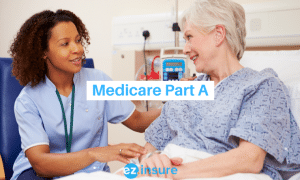 medicare part a text overlaying image of nurse talking to a patient in a hospital bed