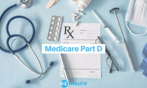 Medicare Part D text overlaying image of a doctor's desk with prescriptions and medications all over it