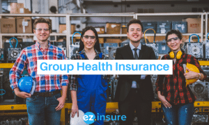 group health insurance text overlaying image of several workers in a warehouse