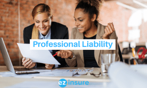 professional liability text overlaying image of two women at a work desk looking over paperwork