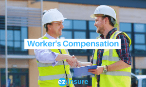 worker's compensation text overlaying image of two construction workers shaking hands
