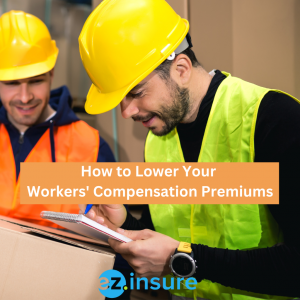 how to lower your workers' compensation premiums text overlaying image of a warehouse worker signing paperwork