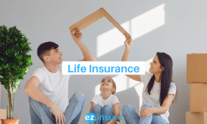 life insurance text overlaying image of a mom and dad holding a carboard roof over their daughter