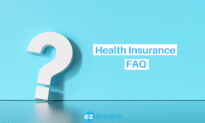 health insurance faq text overlaying image of a large question mark on a blue background.