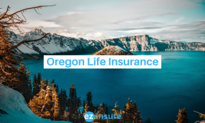 Oregon life insurance text overlaying image of crater lake