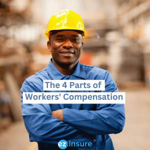 the 4 parts of workers compensation text overlaying a photo of a construction worker