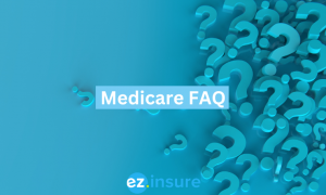 Medicare FAQs text overlaying image of a pile of blue question marks