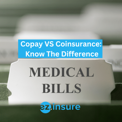 copay vs coinsurance: know the difference text overlaying image of a filing cabinet with medical bills written on it