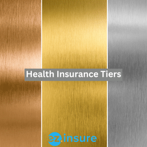 health insurance tiers text overlaying image of bronze gold and silver background