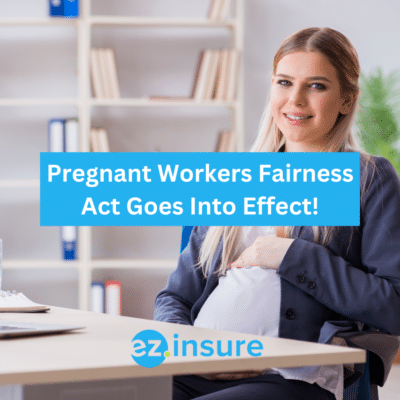 pregnant workers fairness act goes into effect! text overlaying image of a pregnant women sitting at a work desk.