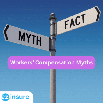 Workers’ Compensation Myths text overlaying image of a street sign with myth and fact on it