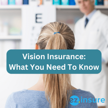 Vision Insurance: What You Need To Know text overlaying image of a woman reading an eye chart