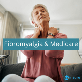 fibromyalgia and medicare text overlaying image of an older woman trying to relieve pain in her neck