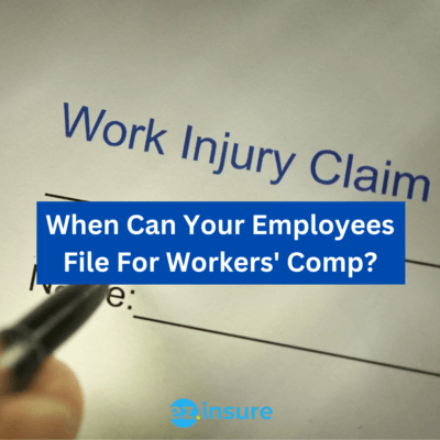 When Can Your Employees File For Workers' Comp? text overlaying an image of a work injury claim form