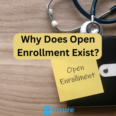 Why Does Open Enrollment Exist? text overlaying a book with a sticky note that says open enrollment