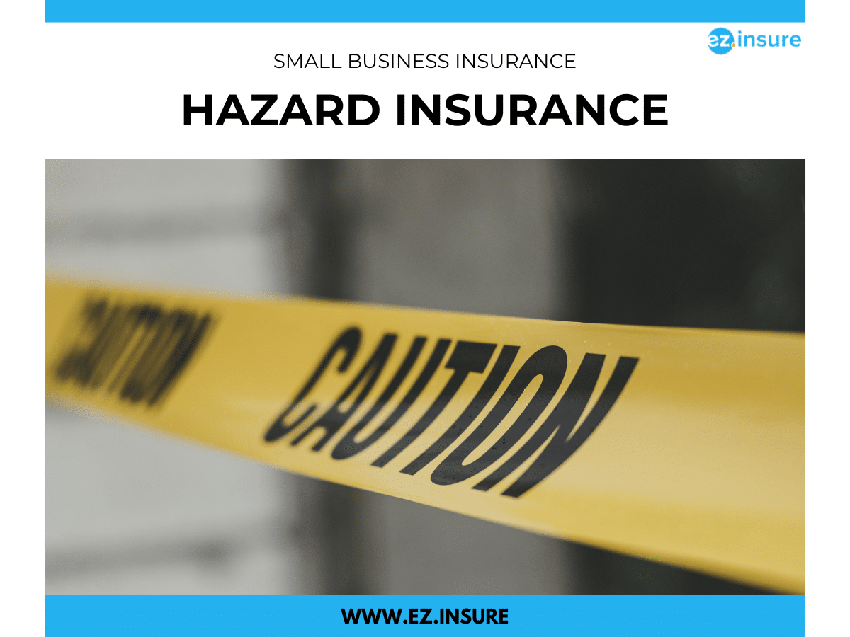 Yellow caution tape stretched across a blurred background, symbolizing risk protection. Hazard insurance for small businesses. Learn more at www.ez.insure