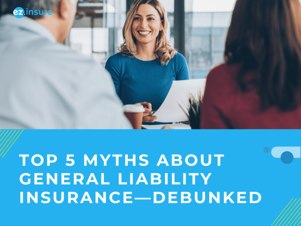 Insurance agent talk with two clients with text "Top 5 myths about general liability Insurance-debunked."