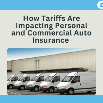 Fleet of commercial vans parked outside a warehouse, representing the impact of tariffs on auto insurance for businesses.